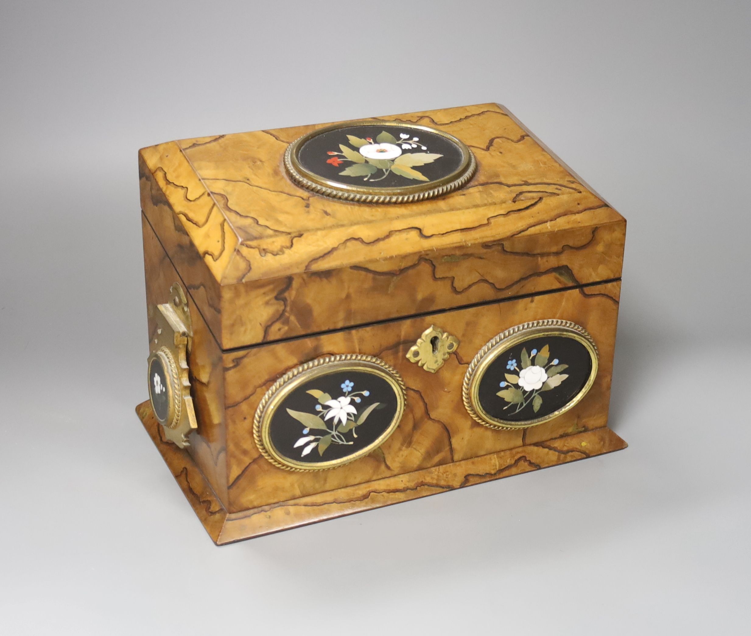 A Victorian olive wood and Ashford pietra dura mounted stationary box, retailed by Payne & Son, Lowndes St and original figuring, 24cm